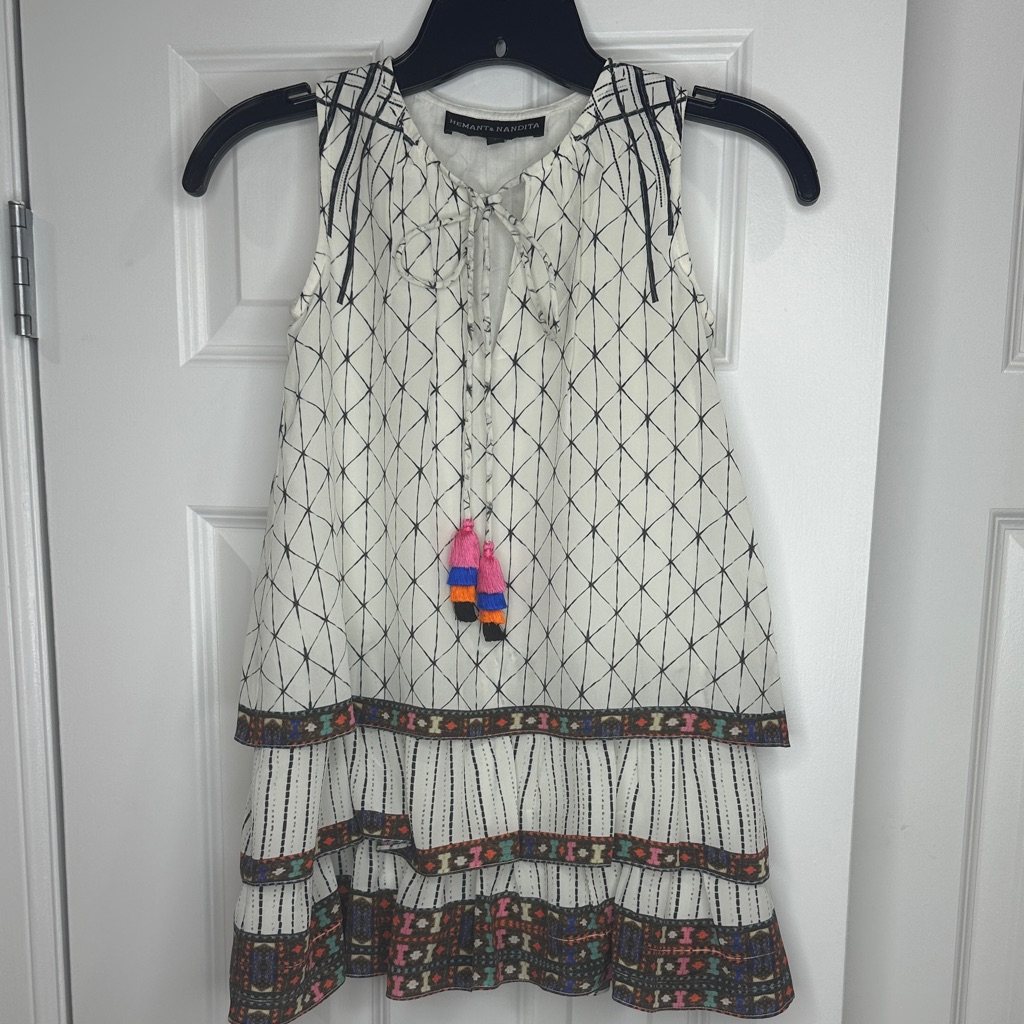 Hemant & Nandita Silk White Sleeveless Tunic Ruffles Tassels Bohemian Top Size 6